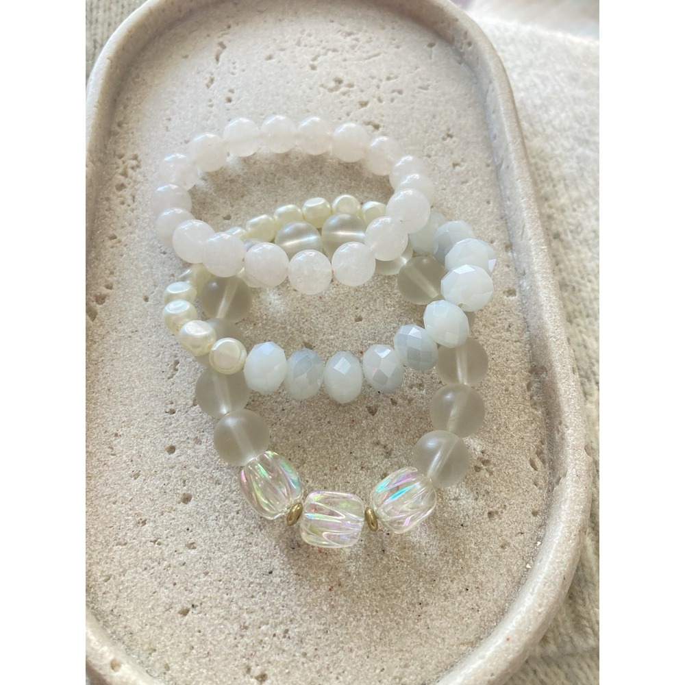 White Beaded Stretch Bracelets‎ Set Of 3 Romantic Coastal Bridal Jewelry Soft
